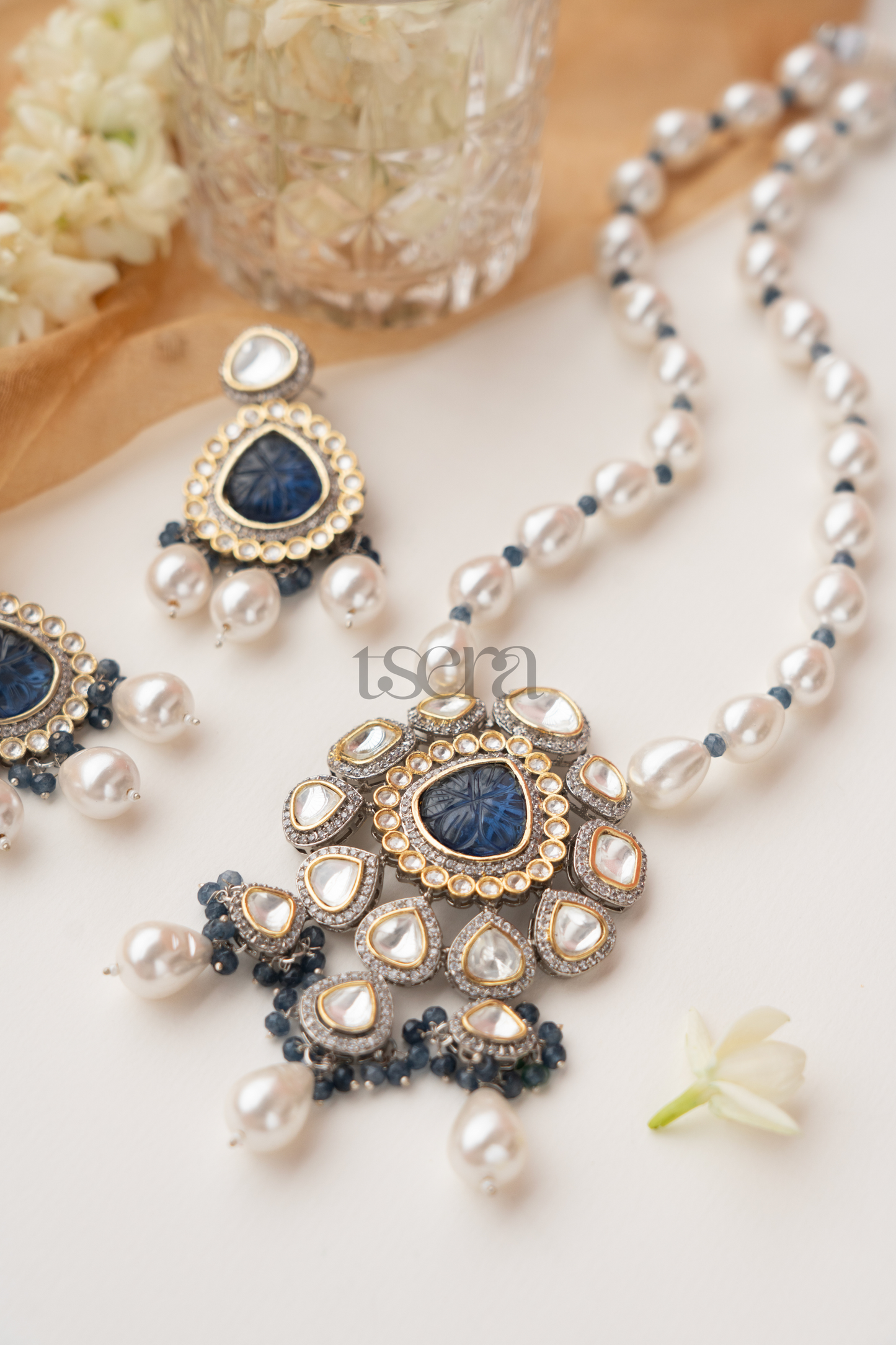 Blue Carving Stone & Moissanite Polki Long Necklace Set