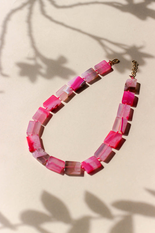 Rectangle Block Pink Stone Necklace