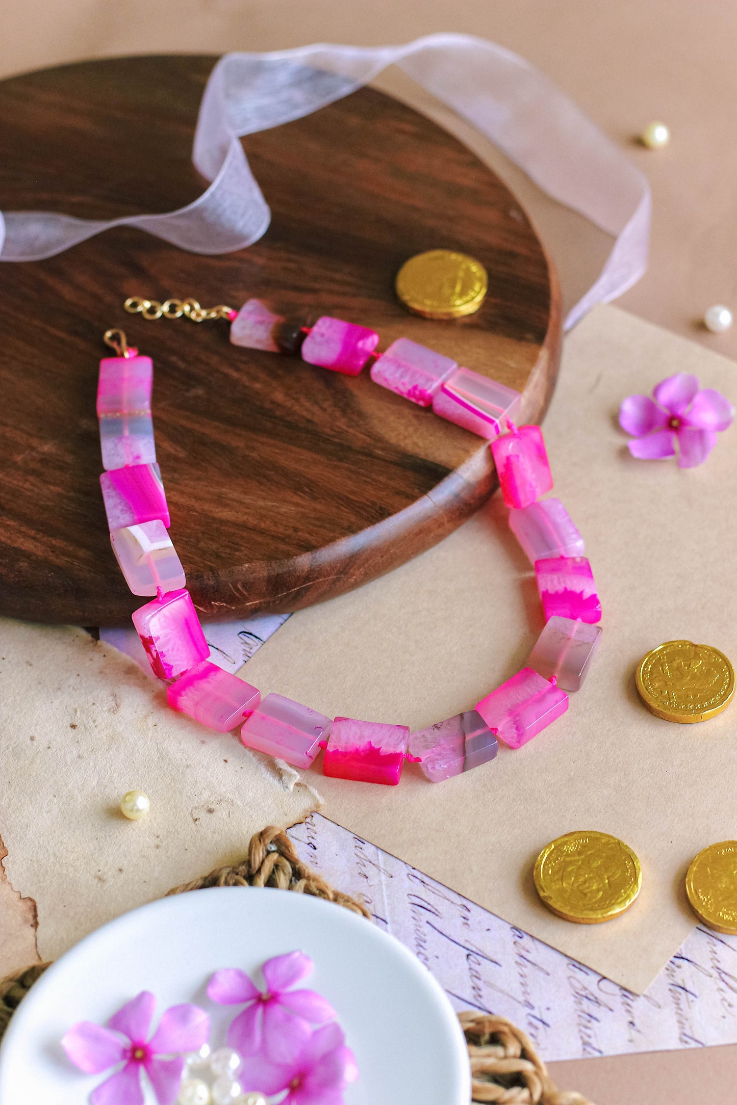 Rectangle Block Pink Stone Necklace