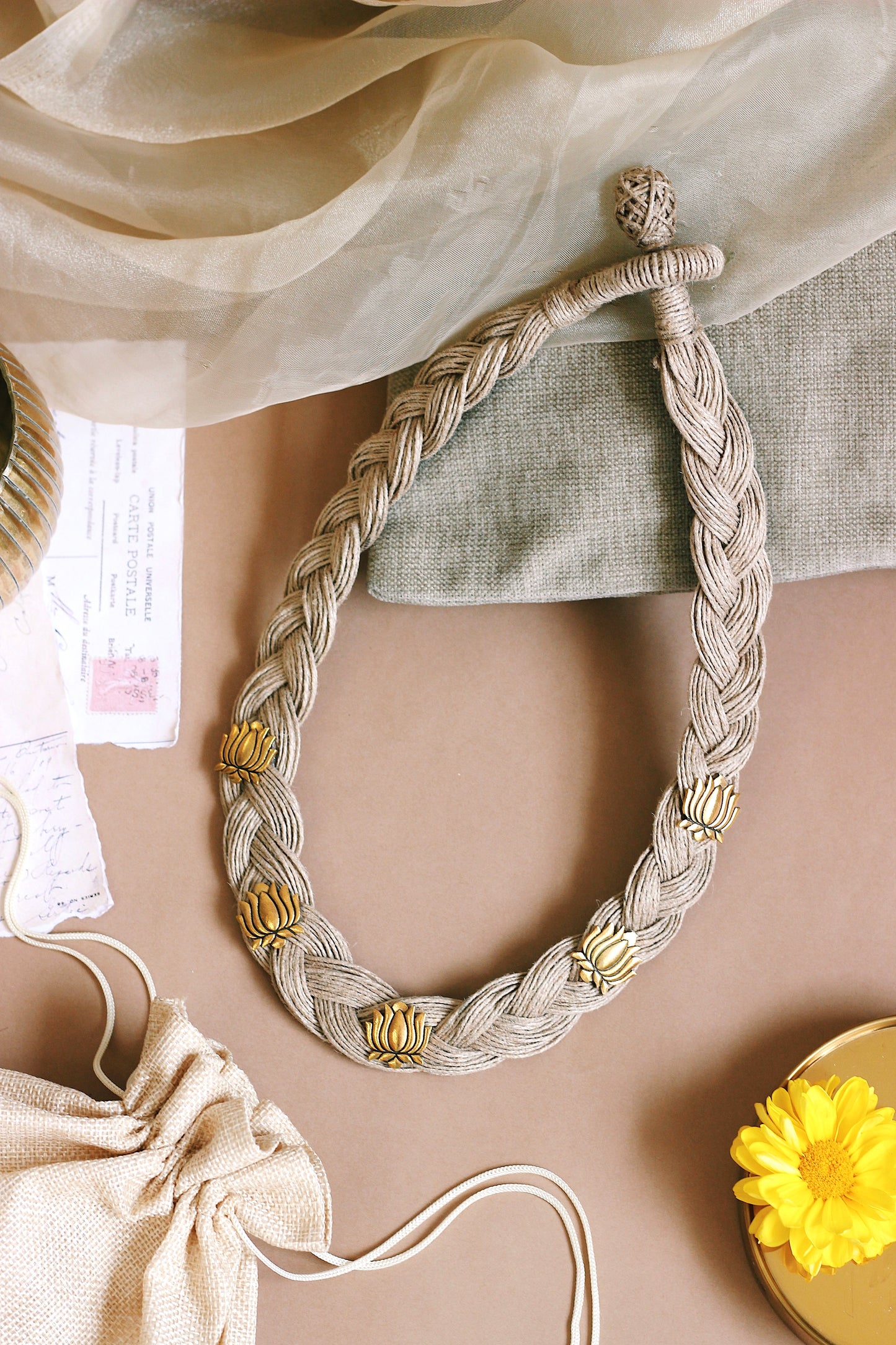 Handmade Jute Necklace Set with Lotus Pendants