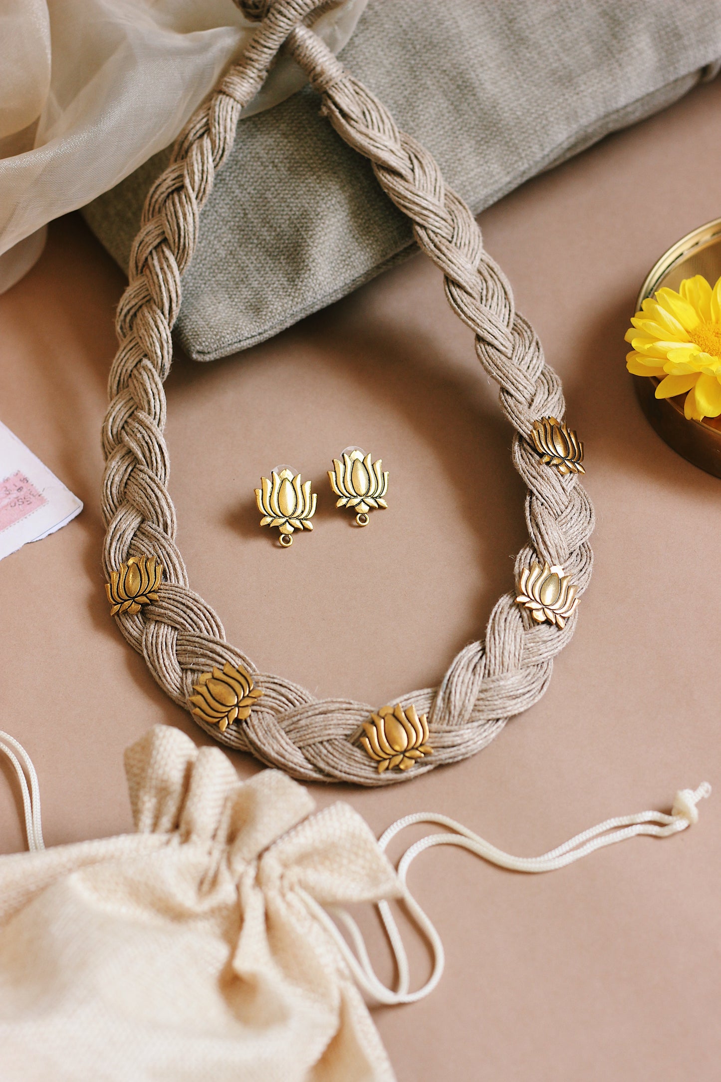 Handmade Jute Necklace Set with Lotus Pendants