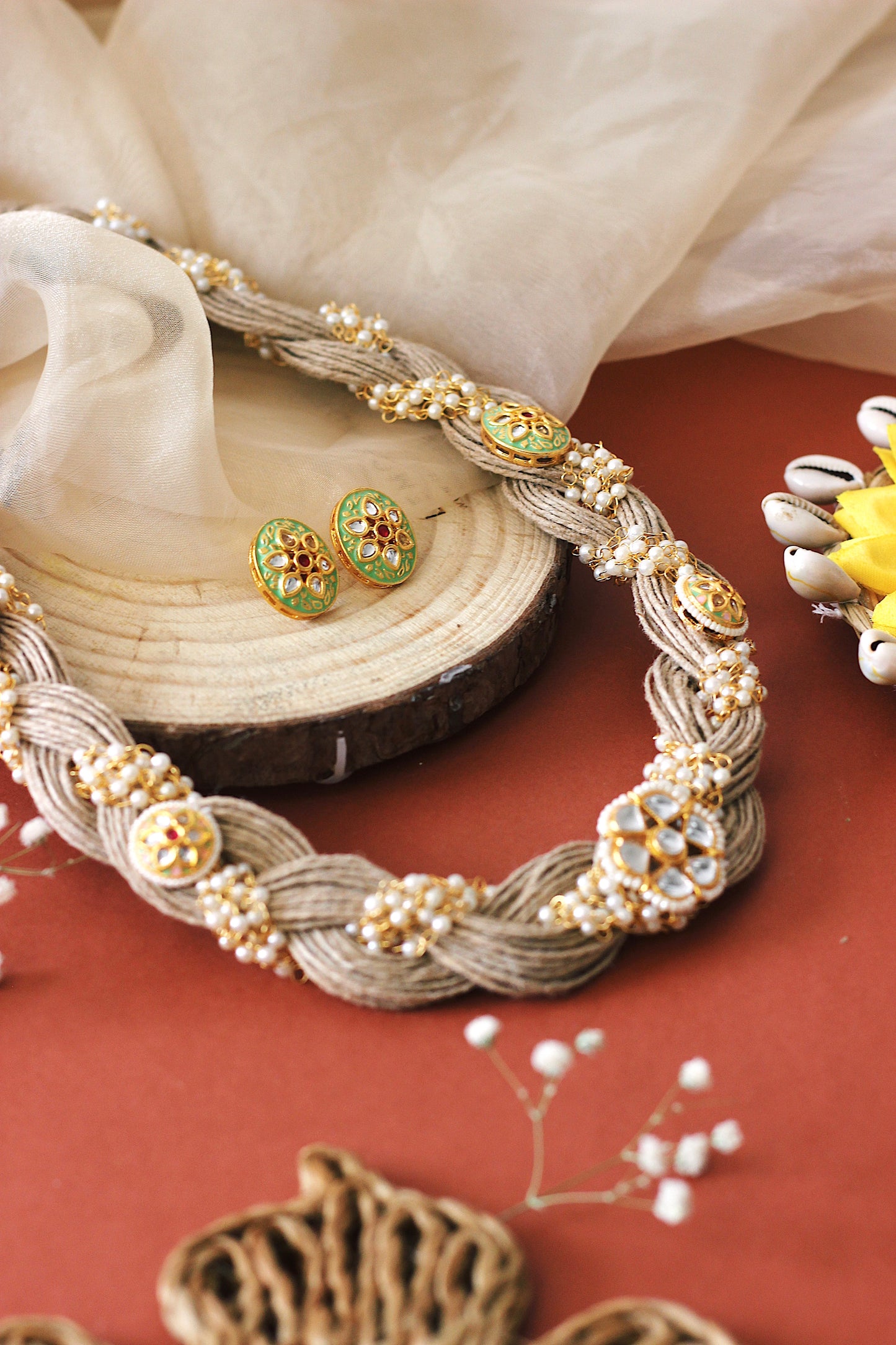 Handmade Jute Necklace Set with Kundan & Meenakari Pendants