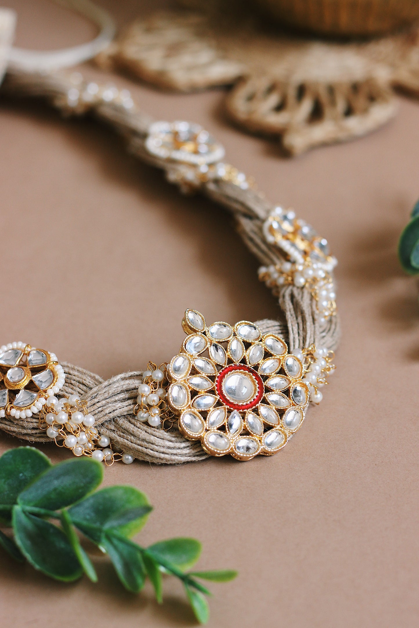 Handmade Jute Necklace Set with Kundan Embellishment