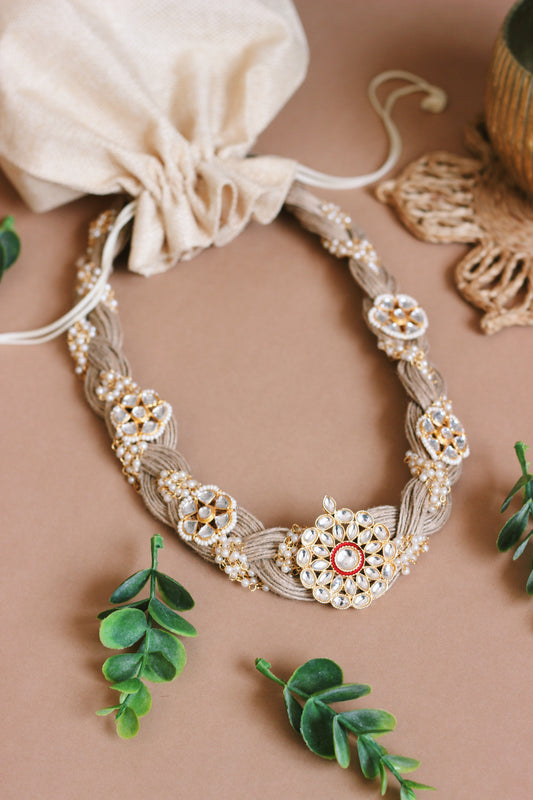 Handmade Jute Necklace Set with Kundan Embellishment