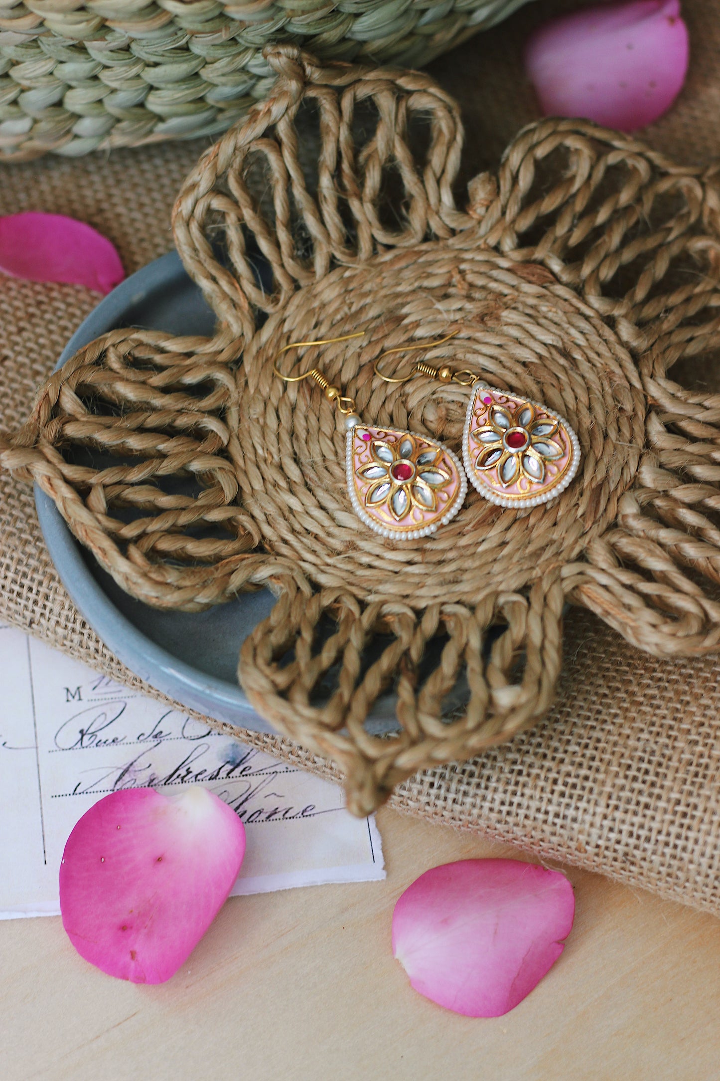 Handmade Jute Necklace Set with Peach Meenakari Pendants