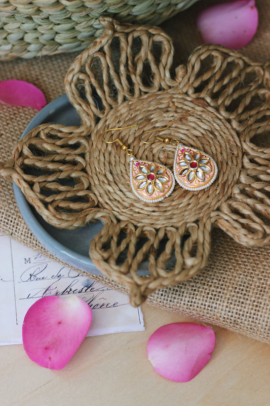 Coral Pink Meenakari Dangler Kundan Earrings