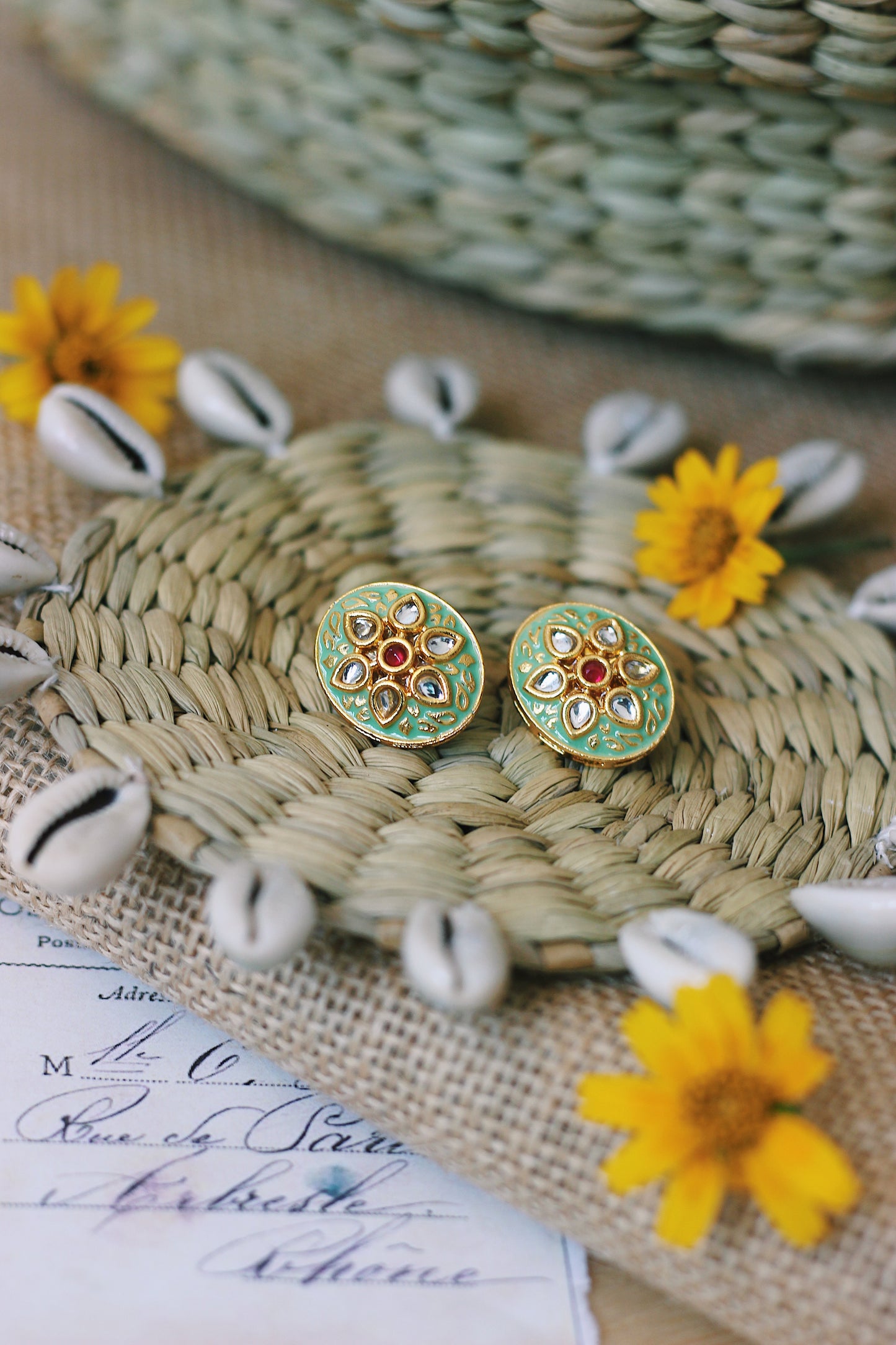 Handmade Jute Necklace Set with Kundan & Meenakari Pendants