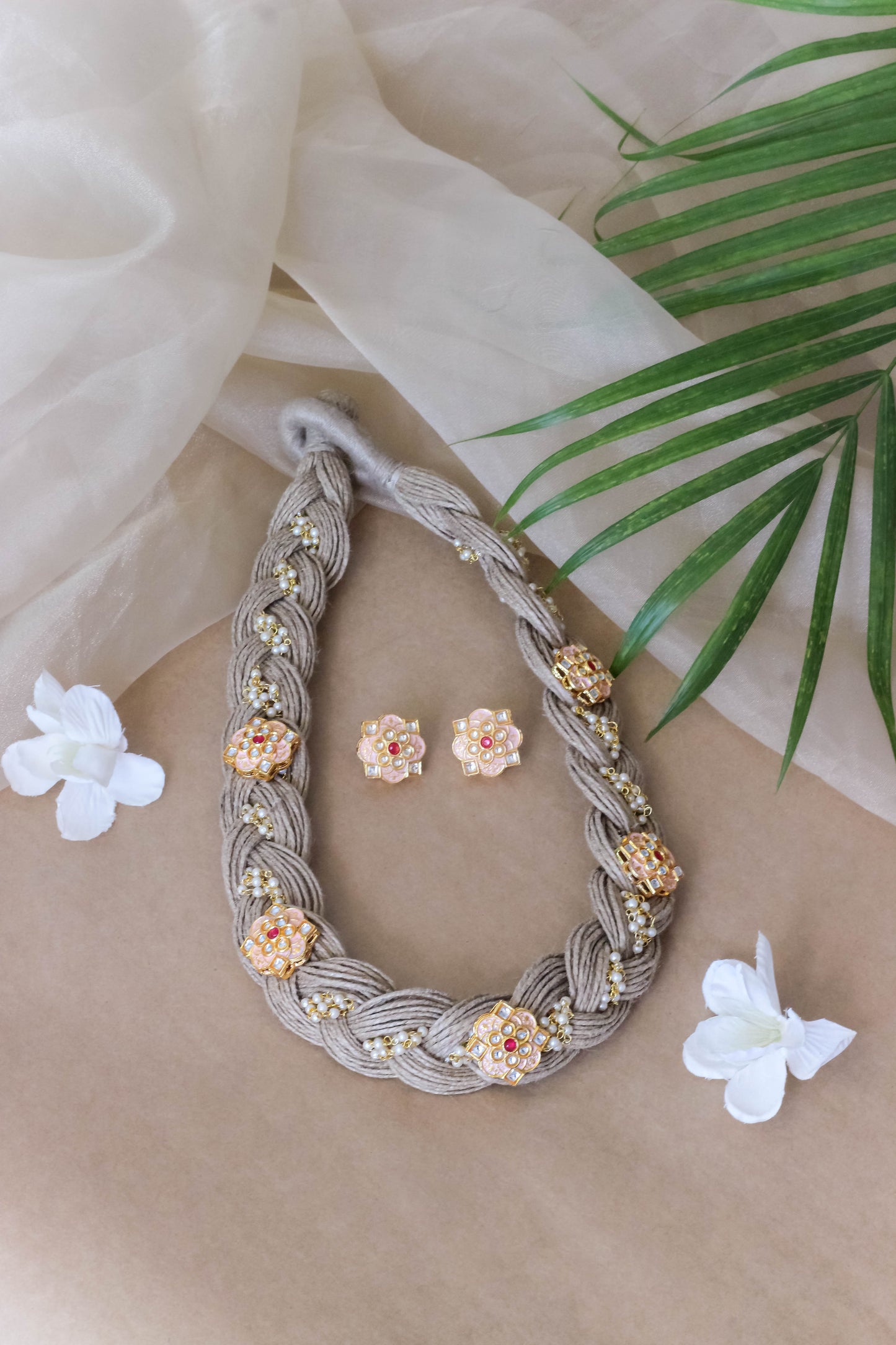 Handmade Jute Necklace Set with Peach Flower shaped Motifs