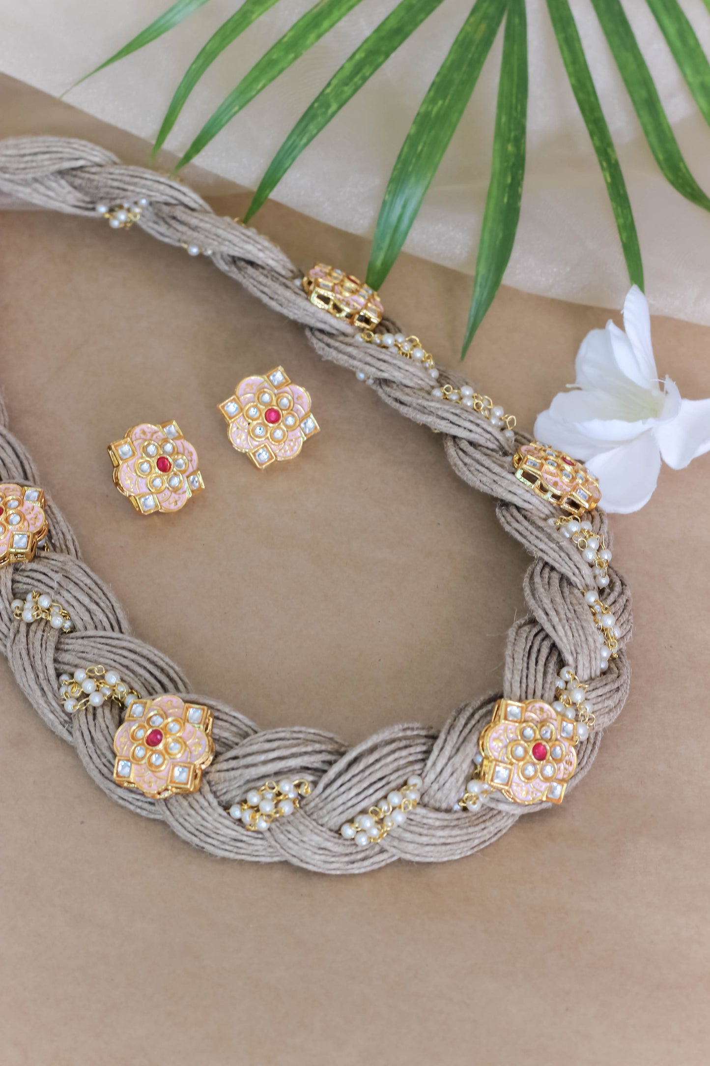 Handmade Jute Necklace Set with Peach Flower shaped Motifs