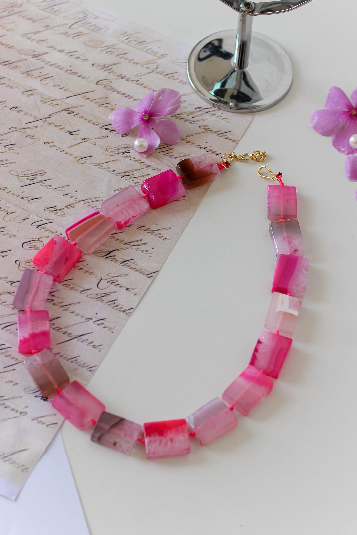 Rectangle Block Pink Stone Necklace