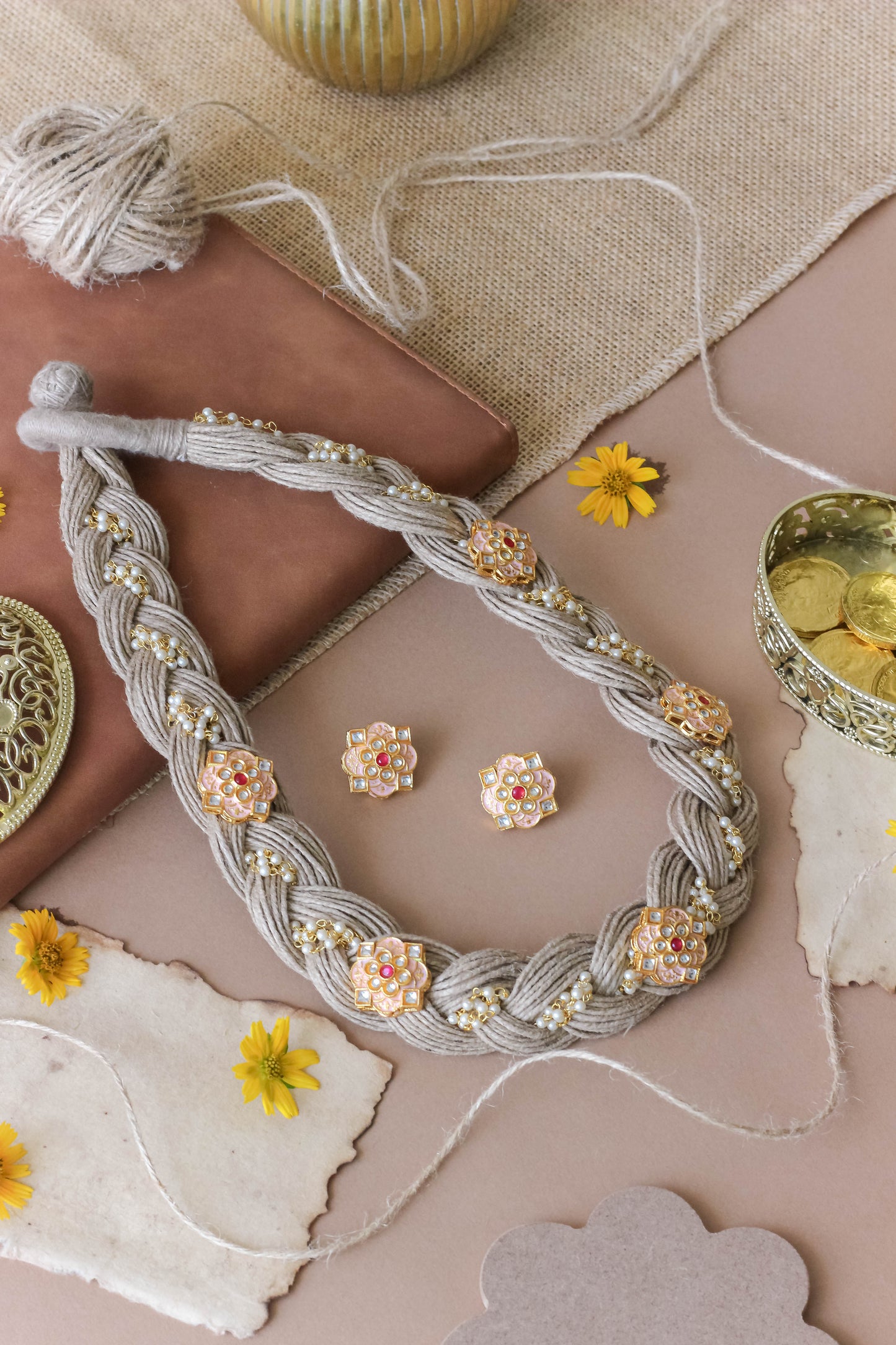 Handmade Jute Necklace Set with Peach Flower shaped Motifs