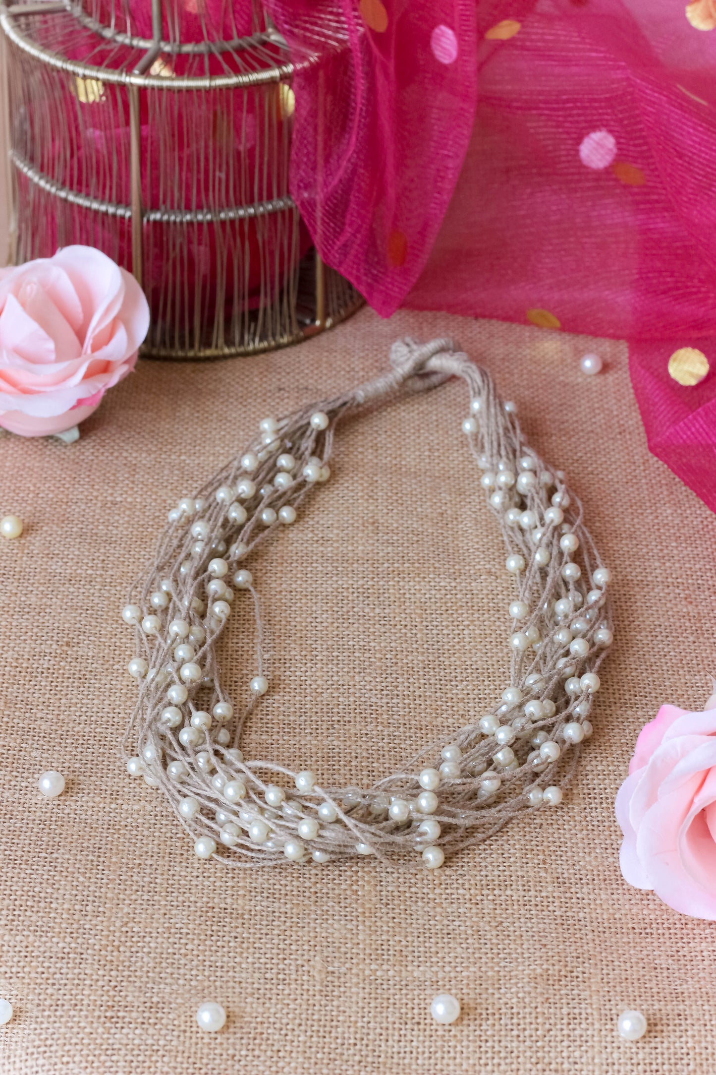 Handmade Multilayered Jute & Pearl Necklace