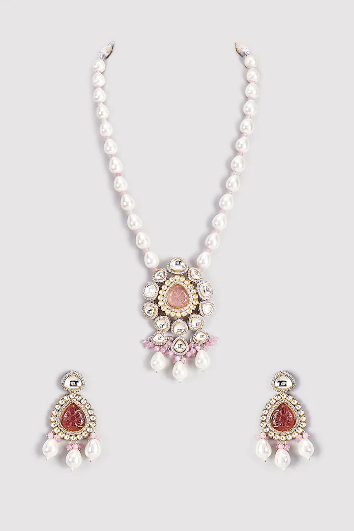 Pink Carving Stone & Moissanite Polki Long Necklace Set