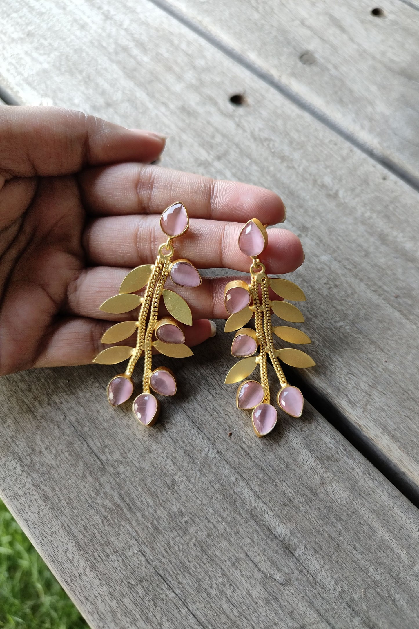 6 Pink Stone Leafy Brass Earrings