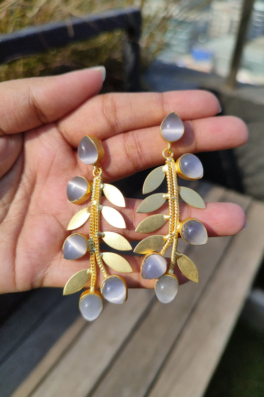 5 Grey Stone Leafy Brass Earrings