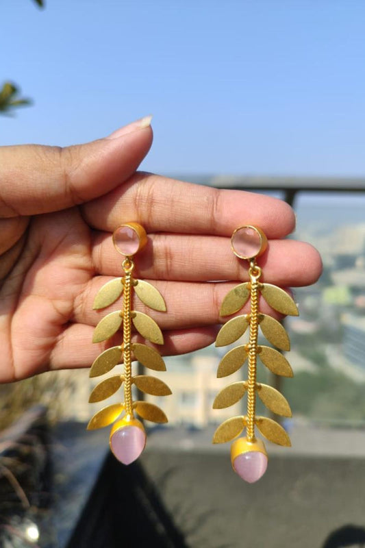 2 Pink Stone Leafy Brass Earrings