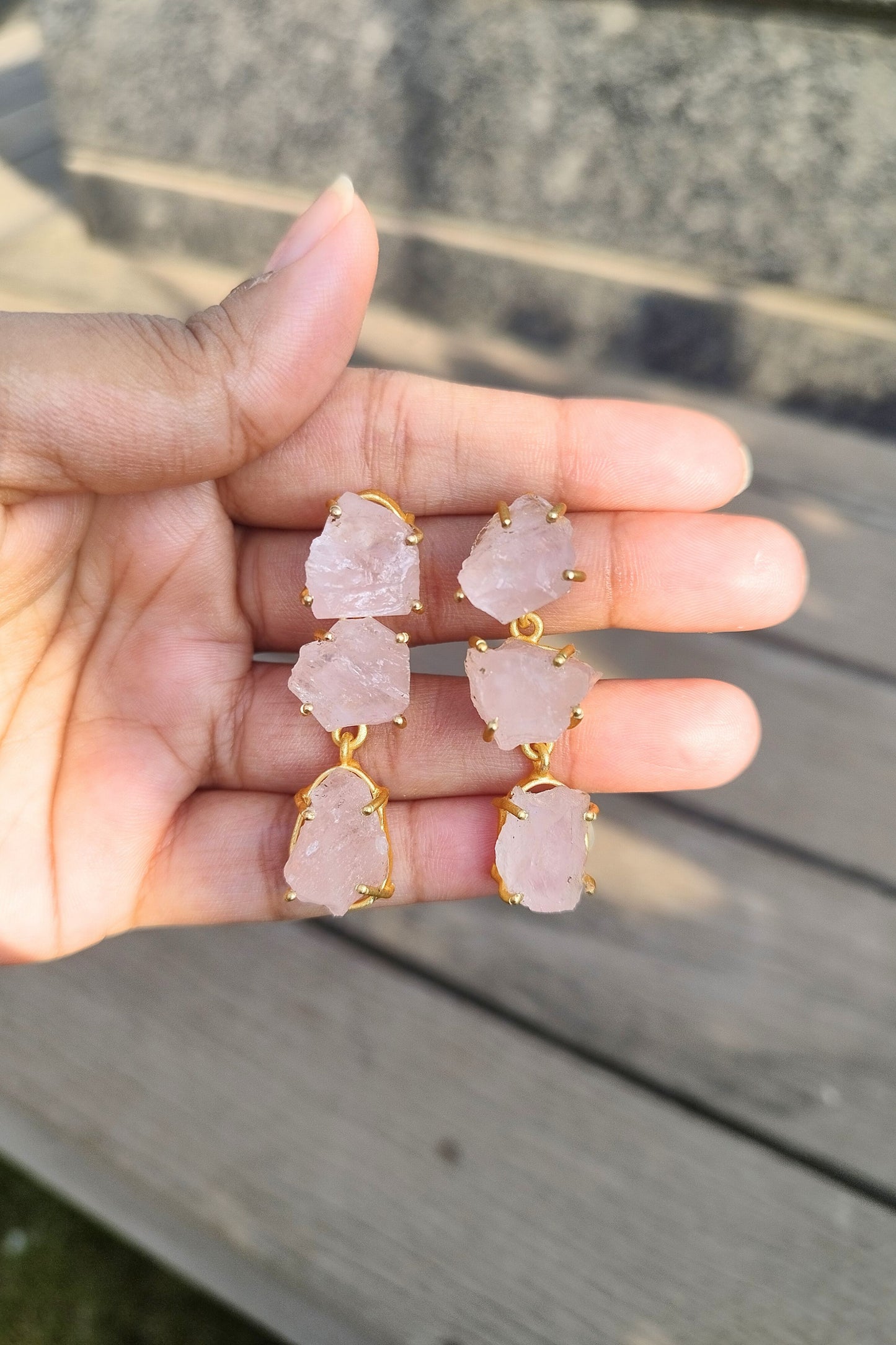 Rosé Quartz Brass Earrings