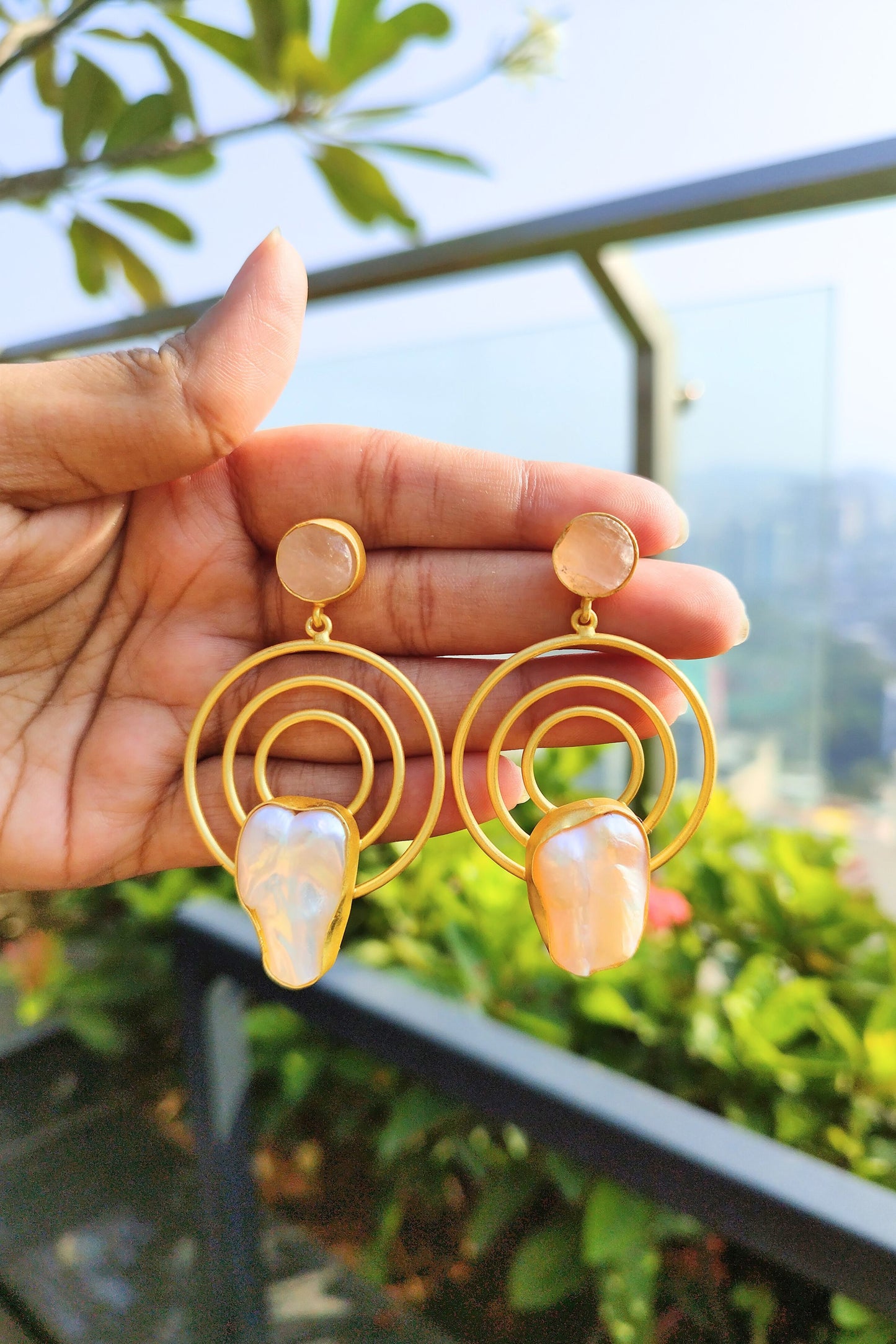 Camilla Quartz + MOP Brass Earrings