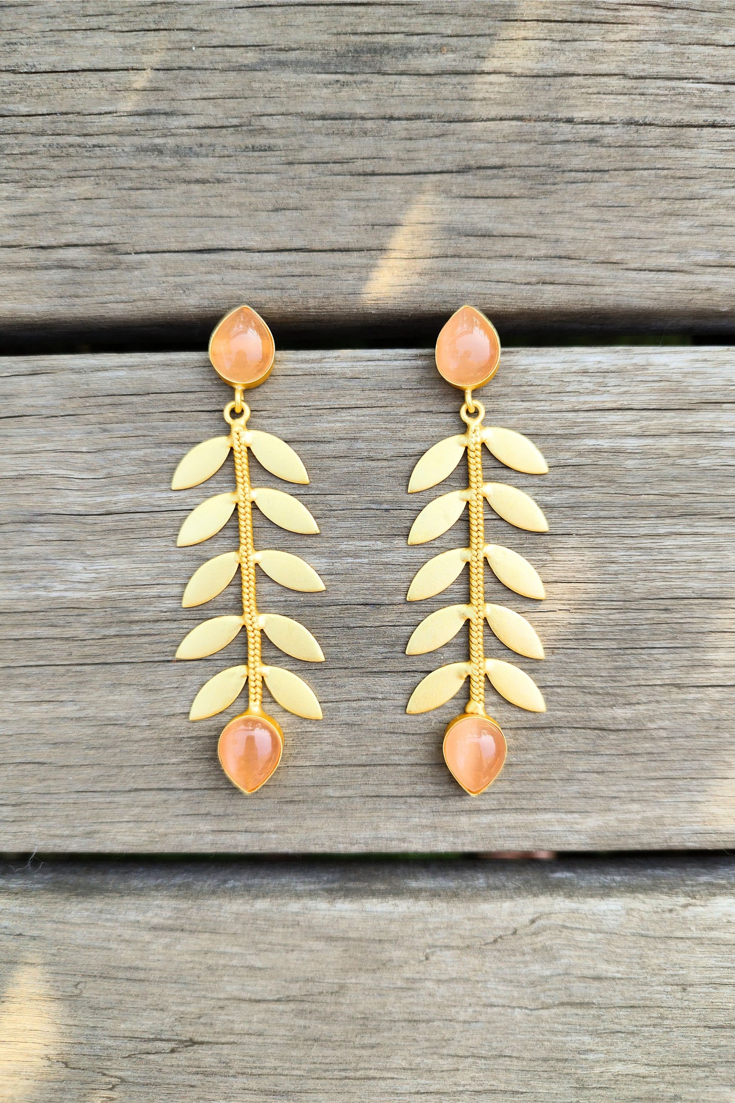 2 Peach Stone Leafy Brass Earrings